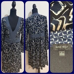 Nine West Navy and White Geometric Long Sleeve Dress